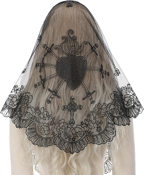 Bozidol Catholic Veils for Women Mass, Seven Sorrows Sacred Heart Embroidered Church Mantilla Chapel Veil Lace Head Coverings
