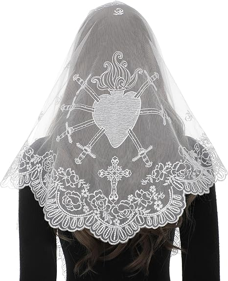 Bozidol Catholic Veils for Women Mass, Seven Sorrows Sacred Heart Embroidered Church Mantilla Chapel Veil Lace Head Coverings