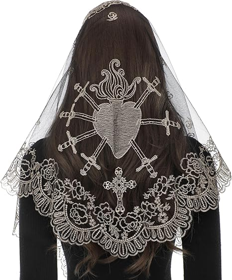 Bozidol Catholic Veils for Women Mass, Seven Sorrows Sacred Heart Embroidered Church Mantilla Chapel Veil Lace Head Coverings