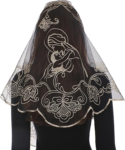 Bozidol Mantilla Veils for Church Catholic, Triangle Virgin Mary and Child Chapel Veil, Latin Mass Head Coverings for Women