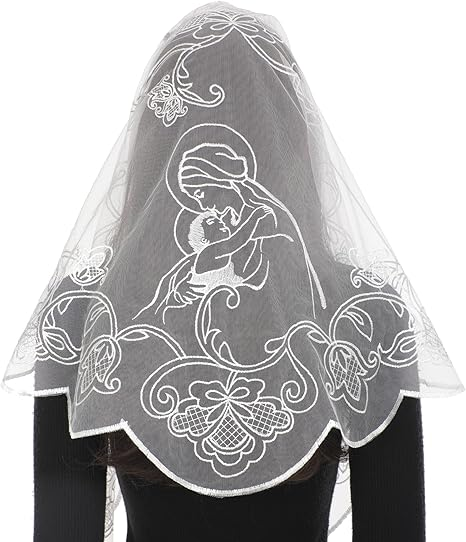 Bozidol Mantilla Veils for Church Catholic, Triangle Virgin Mary and Child Chapel Veil, Latin Mass Head Coverings for Women