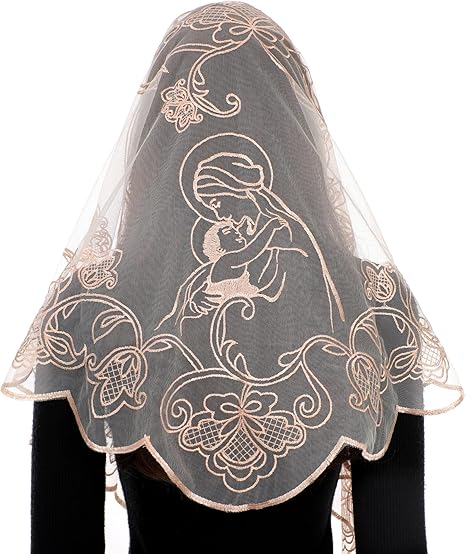 Bozidol Mantilla Veils for Church Catholic, Triangle Virgin Mary and Child Chapel Veil, Latin Mass Head Coverings for Women