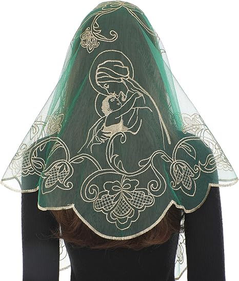 Bozidol Mantilla Veils for Church Catholic, Triangle Virgin Mary and Child Chapel Veil, Latin Mass Head Coverings for Women