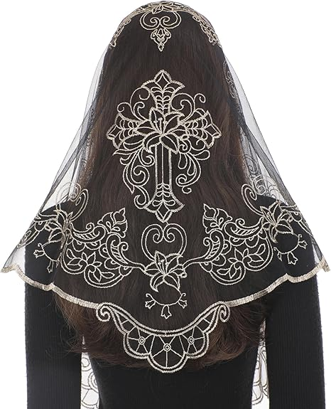 Bozidol Mantilla Veils for Church Catholic, Christian Cross and Lily Chapel Veil, Latin Mass Prayer Head Coverings for Women