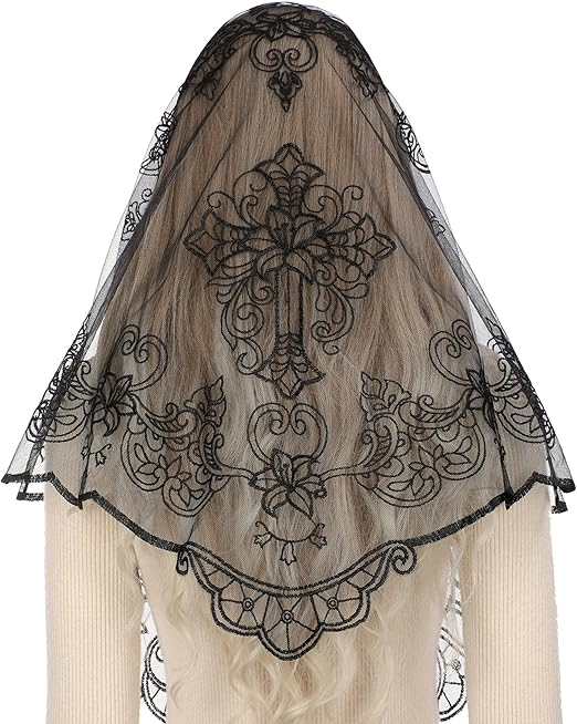 Bozidol Mantilla Veils for Church Catholic, Christian Cross and Lily Chapel Veil, Latin Mass Prayer Head Coverings for Women