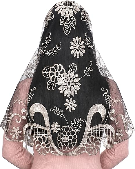 Bozidol Triangle Catholic Church Mantilla Veils for Religious Christian Floral Lace Scarf Shawl Veil with Hairclips