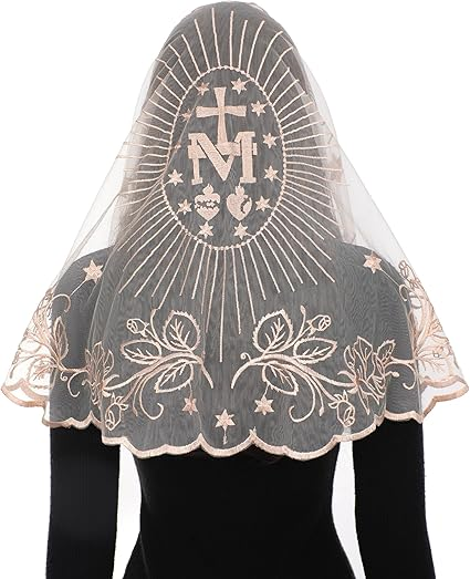 Bozidol Mantilla Veils for Church Catholic, D Shape Marian Cross Lace Chapel Veil, Latin Mass Prayer Head Coverings for Women