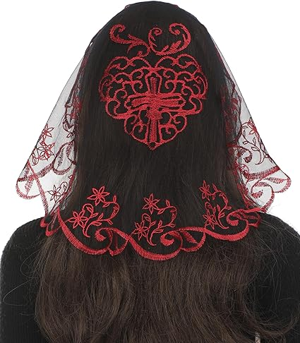 Bozidol Mantilla Veils for Church Catholic, Small Sacred Heart Cross Lace Chapel Veil, Latin Mass Head Coverings for Women