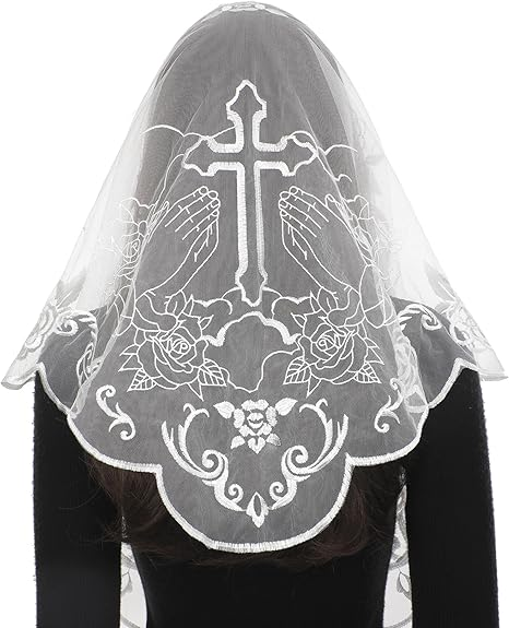 Bozidol Mantilla Veils for Church Catholic, Triangle Praying Hands and Cross Chapel Veil, Latin Mass Head Coverings for Women