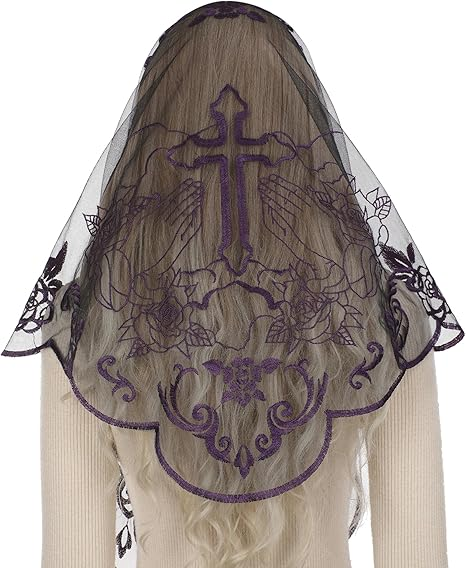 Bozidol Mantilla Veils for Church Catholic, Triangle Praying Hands and Cross Chapel Veil, Latin Mass Head Coverings for Women