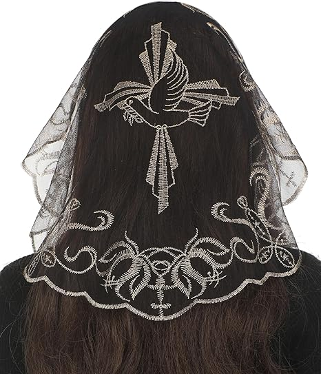 Bozidol Round Veils for Church Catholic, Small Cross and Dove Lace Mantilla Chapel Veil, Lating Mass Head Coverings for Women