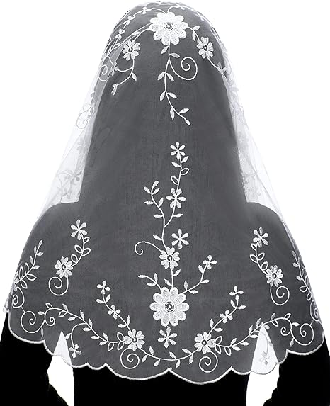 Bozidol Catholic Church Mass Veil Spanish Chapel Lace Mantilla Veil Christian Prayer Scarf Veil with Hair Clips (White)