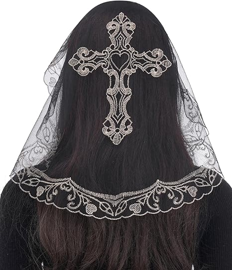 Bozidol Small Catholic Veils for Church, Christian Cross Lace Mantilla Chapel Veil, Latin Mass Head Coverings for Women Girls