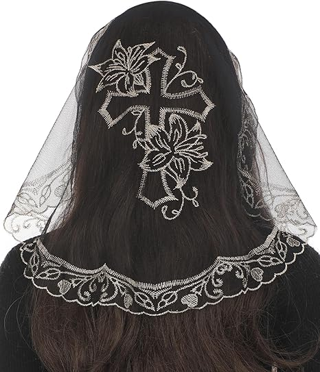 Bozidol Small Catholic Veils for Church, Lily and Cross Lace Mantilla Chapel Veil, Latin Mass Head Coverings for Women Girls