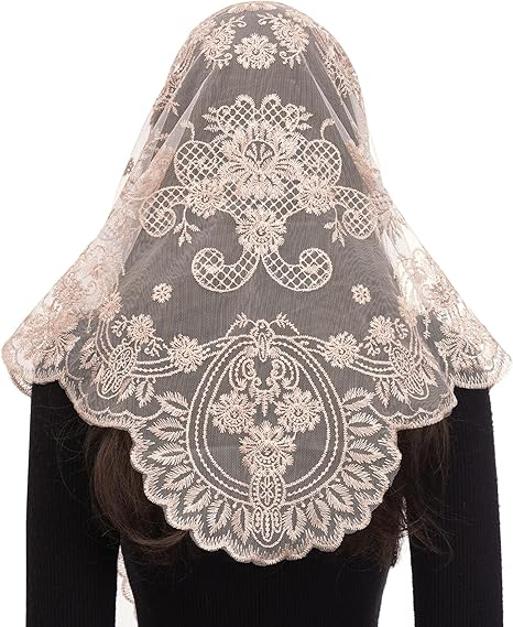 Bozidol Church Catholic Veils for Women, Camellia Floral Embroidered Lace Mantilla Chapel Veil, Latin Mass Head Coverings