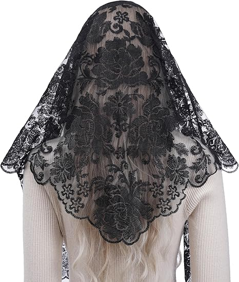 Bozidol Church Catholic Veils for Women, Triangle Floral Lace Mantilla Chapel Veil, Latin Mass Prayer Head Covering with Clip