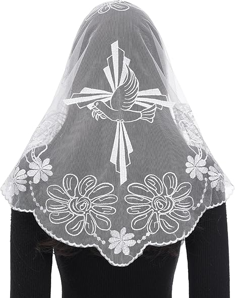 Bozidol Church Catholic Veils for Women, Triangle Cross and Dove Lace Mantilla Chapel Veil, Latin Mass Prayer Head Coverings