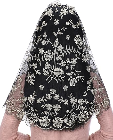 Bozidol Church Mantilla Catholic Veil: Women D Shaped Camellia Floral Embroidered Lace Chapel Veils Latin Mass Head Coverings