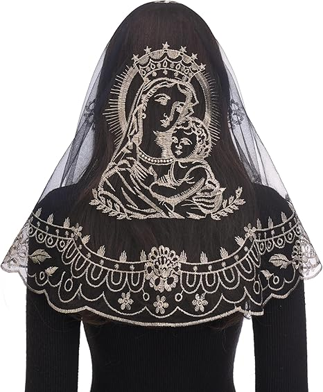 Bozidol Veils for Church Catholic, D Shaped Madonna and Child Mantilla Chapel Veil, Latin Mass Lace Head Coverings for Women