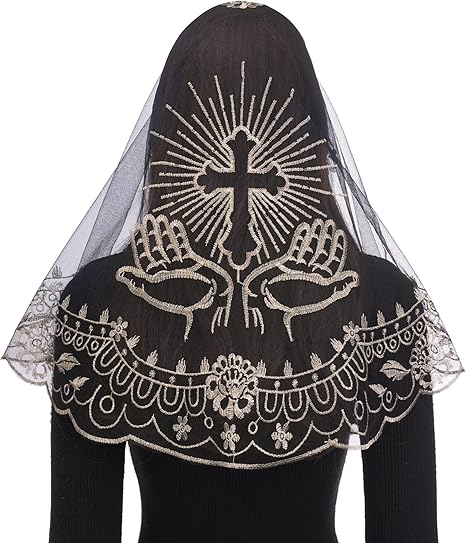 Bozidol Mantilla Veils for Church Catholic, D Shape Praying Hands With Cross Chapel Veil, Latin Mass Head Coverings for Women