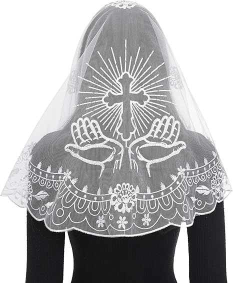 Bozidol Mantilla Veils for Church Catholic, D Shape Praying Hands With Cross Chapel Veil, Latin Mass Head Coverings for Women