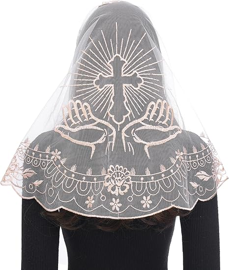 Bozidol Mantilla Veils for Church Catholic, D Shape Praying Hands With Cross Chapel Veil, Latin Mass Head Coverings for Women