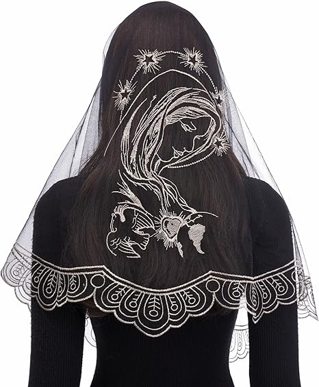 Bozidol Church Catholic Veils for Women, Long D Shaped Immaculate Heart of Mary Chapel Veil Mass Lace Mantilla Head Coverings