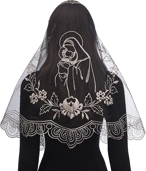 Bozidol Church Catholic Veils for Women, Long D Shaped Madonna and Child Chapel Veil, Latin Mass Lace Mantilla Head Coverings