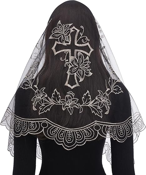 Bozidol Church Catholic Veils for Women, Long D Shaped Floral and Cross Chapel Veil, Latin Mass Lace Mantilla Head Coverings