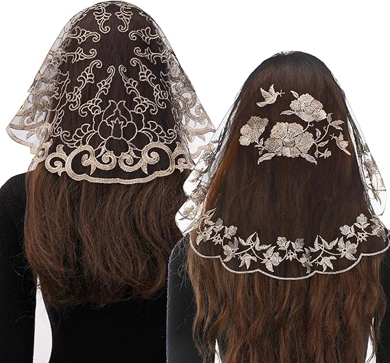 Bozidol 2 Pack Veils for Church Catholic, Round Floral Lace Mantilla Chapel Veil, Latin Mass Head Coverings for Women Girls