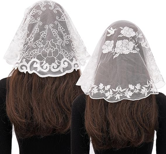 Bozidol 2 Pack Veils for Church Catholic, Round Floral Lace Mantilla Chapel Veil, Latin Mass Head Coverings for Women Girls