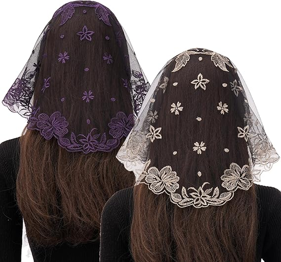 Bozidol 2 Pack Floral Chapel Veils for Church Catholic, Small Flower Lace Mantilla Prayer Mass Head Coverings for Women Girls