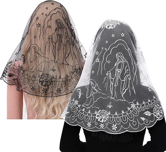 Bozidol 2 Pack Virgin Mary Chapel Veils for Church Catholic, D Shape Flower Lace Mantilla Latin Mass Head Coverings for Women