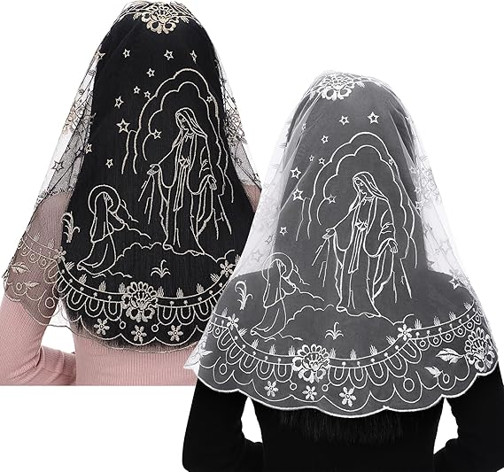 Bozidol 2 Pack Virgin Mary Chapel Veils for Church Catholic, D Shape Flower Lace Mantilla Latin Mass Head Coverings for Women