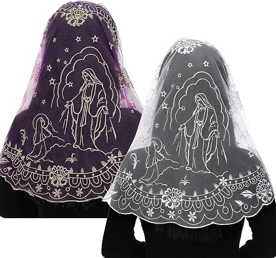 Bozidol 2 Pack Virgin Mary Chapel Veils for Church Catholic, D Shape Flower Lace Mantilla Latin Mass Head Coverings for Women