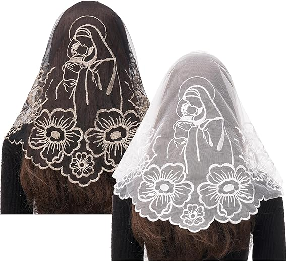 Bozidol 2 Pack Veils for Church Catholic, Virgin and Child Lace Mantilla Chapel Veil, Latin Mass Head Coverings for Women
