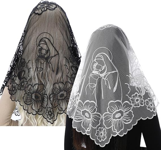 Bozidol 2 Pack Veils for Church Catholic, Virgin and Child Lace Mantilla Chapel Veil, Latin Mass Head Coverings for Women