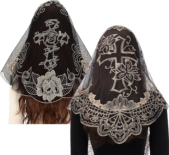 Bozidol 2 Pack Mantilla Veils for Church Catholic, Cross Embroidered Lace Chapel Veil, Latin Mass Head Coverings for Women