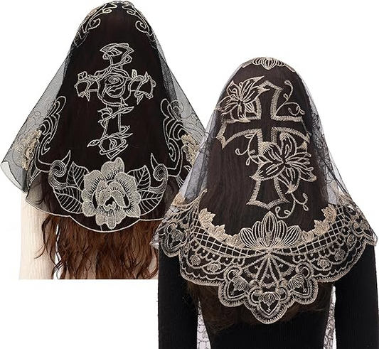 Bozidol 2 Pack Mantilla Veils for Church Catholic, Cross Embroidered Lace Chapel Veil, Latin Mass Head Coverings for Women