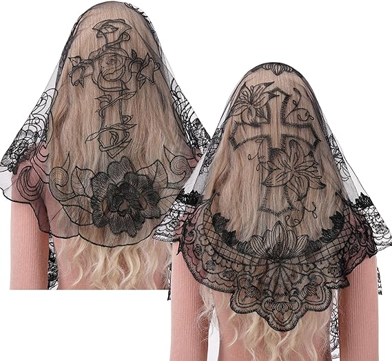 Bozidol 2 Pack Mantilla Veils for Church Catholic, Cross Embroidered Lace Chapel Veil, Latin Mass Head Coverings for Women