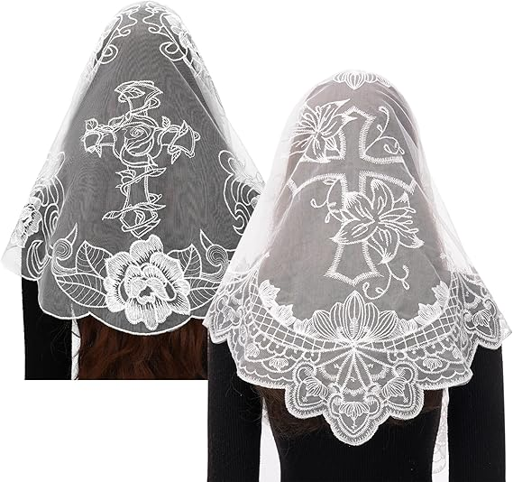 Bozidol 2 Pack Mantilla Veils for Church Catholic, Cross Embroidered Lace Chapel Veil, Latin Mass Head Coverings for Women