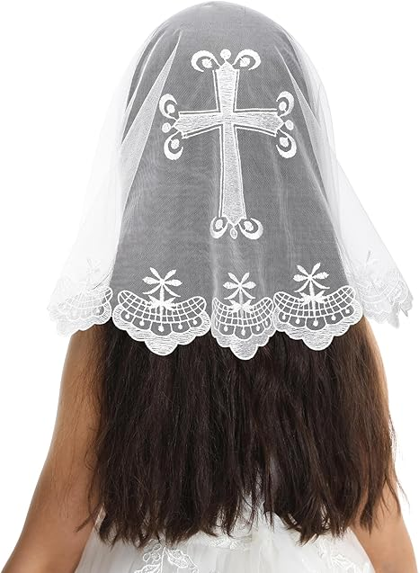 Bozidol Girls First Communion Veil - Short Triangle Lace Mantilla Catholic Chapel Mass Head Coverings Church Veil for Kids