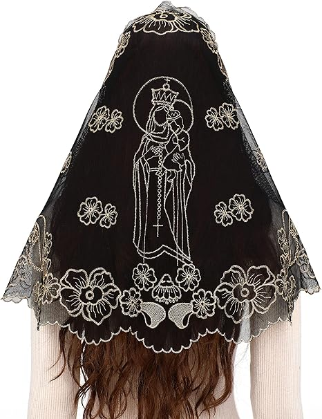 Bozidol Church Veil Lace Mantilla - D Shape Virgin Mary Embroidery Head Covering Spanish Catholic Mass Veil for Women