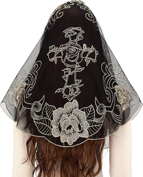 Bozidol Catholic Mantilla Mass Veil - Triangle Cross Embroidery Church Lace Veil Spanish Chapel Mass Head Covering with Clips