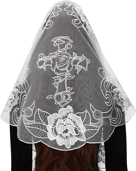 Bozidol Catholic Mantilla Mass Veil - Triangle Cross Embroidery Church Lace Veil Spanish Chapel Mass Head Covering with Clips