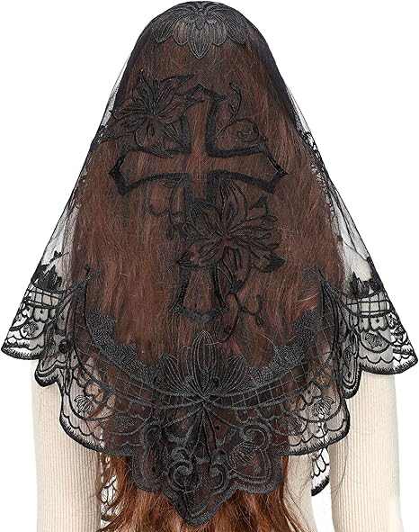 Bozidol Catholic Mantilla Mass Veil - Triangle Cross Embroidery Church Lace Veil Spanish Chapel Mass Head Covering with Clips