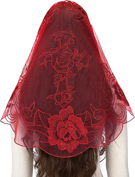 Bozidol Catholic Mantilla Mass Veil - Triangle Cross Embroidery Church Lace Veil Spanish Chapel Mass Head Covering with Clips