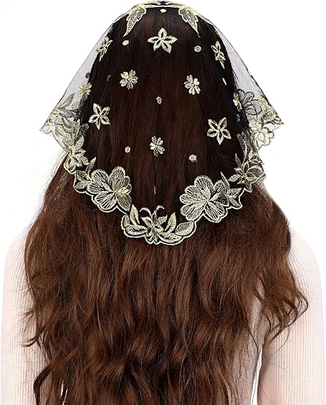 Bozidol Catholic Chapel Mantilla Veil - Short Peach Shape Camellia Embroidery Church Veil Spanish Lace Mass Head Covering