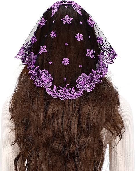 Bozidol Catholic Chapel Mantilla Veil - Short Peach Shape Camellia Embroidery Church Veil Spanish Lace Mass Head Covering