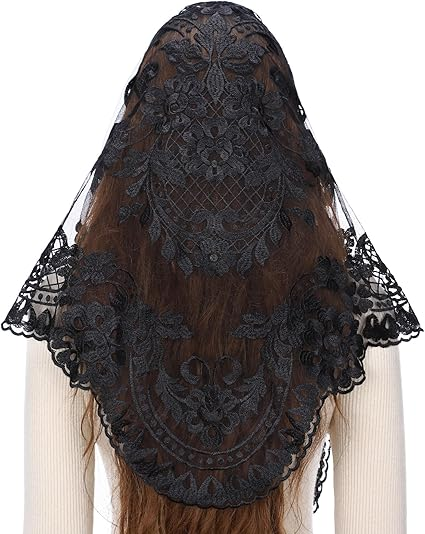 Bozidol Triangle Catholic Chapel Mantilla Veils - Short Camellia Embroidery Latin Mass Scarf Church Lace Veil with Gift Box